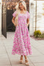 Pink Dainty Floral Smocked Puff Sleeve Flowy Long Dress