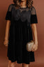 Black Embroidered Velvet Short Sleeve Mini Shift Dress