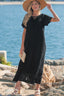 Black Floral Lace Overlay Tassel Tie Short Sleeve Beach Vacation Loose Maxi Dress