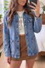 Sky Blue Patchwork Faux Leather Collar Long Sleeve Denim Jacket