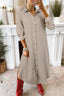 Brown Stripe Textured 3/4 Sleeve Round Hem Split Midi Shirt Dress