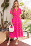 Rose Double Polka Dot Short Sleeve Shirred High Waist Midi Dress