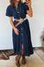 Sail Blue 100% Cotton Full Buttons Collared Short Bubble Sleeve Long Denim Dress