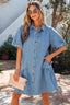 Beau Blue Button Down Short Puff Sleeve Ruffle Hem Patchwork Denim Dress