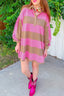 Rose Stripe Striped Button Long Sleeve Short Shift Dress
