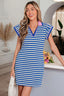 Dark Blue Stripe Print Contrast Collar Split Neck Flutter Sleeve Short Dress