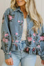 Sky Blue Floral Print Raw Seam Ruffle Hem Denim Jacket