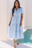Sky Blue Stripe Bubble Short Sleeve Tiered Scallop Long Dress