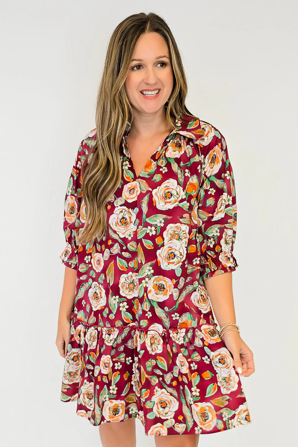 Red 100% Cotton Floral Print Half Sleeve Short Shift Dress
