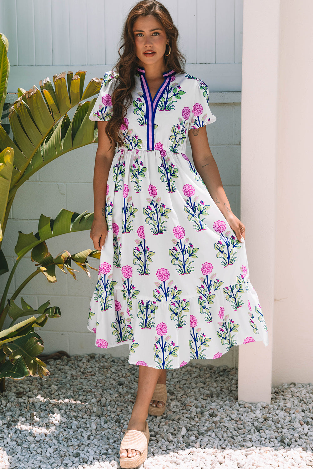 Sky Blue Floral Puff Short Sleeve V Neck High Waist Maxi Dress