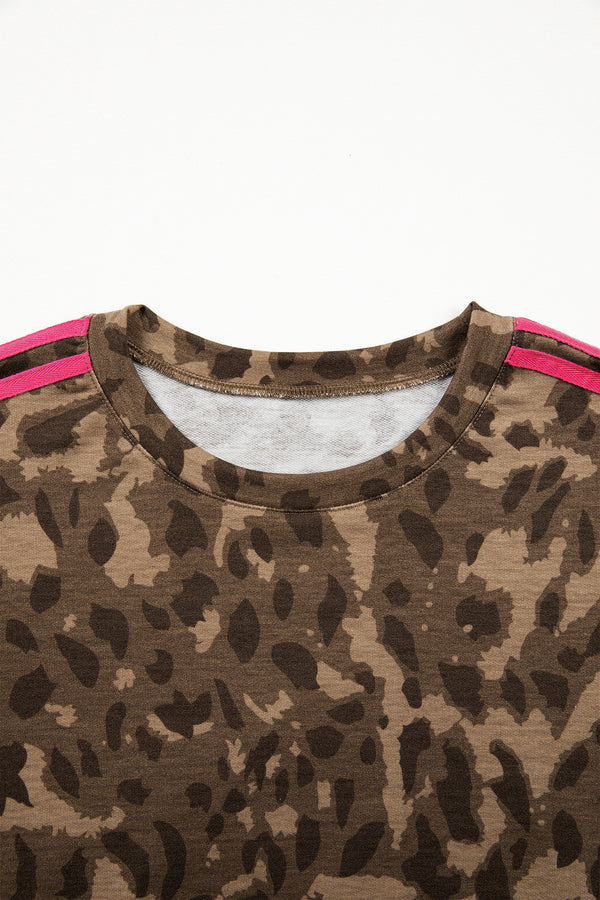 Brown Loose Contrast Striped Accent Leopard T Shirt Mini Dress with Pockets