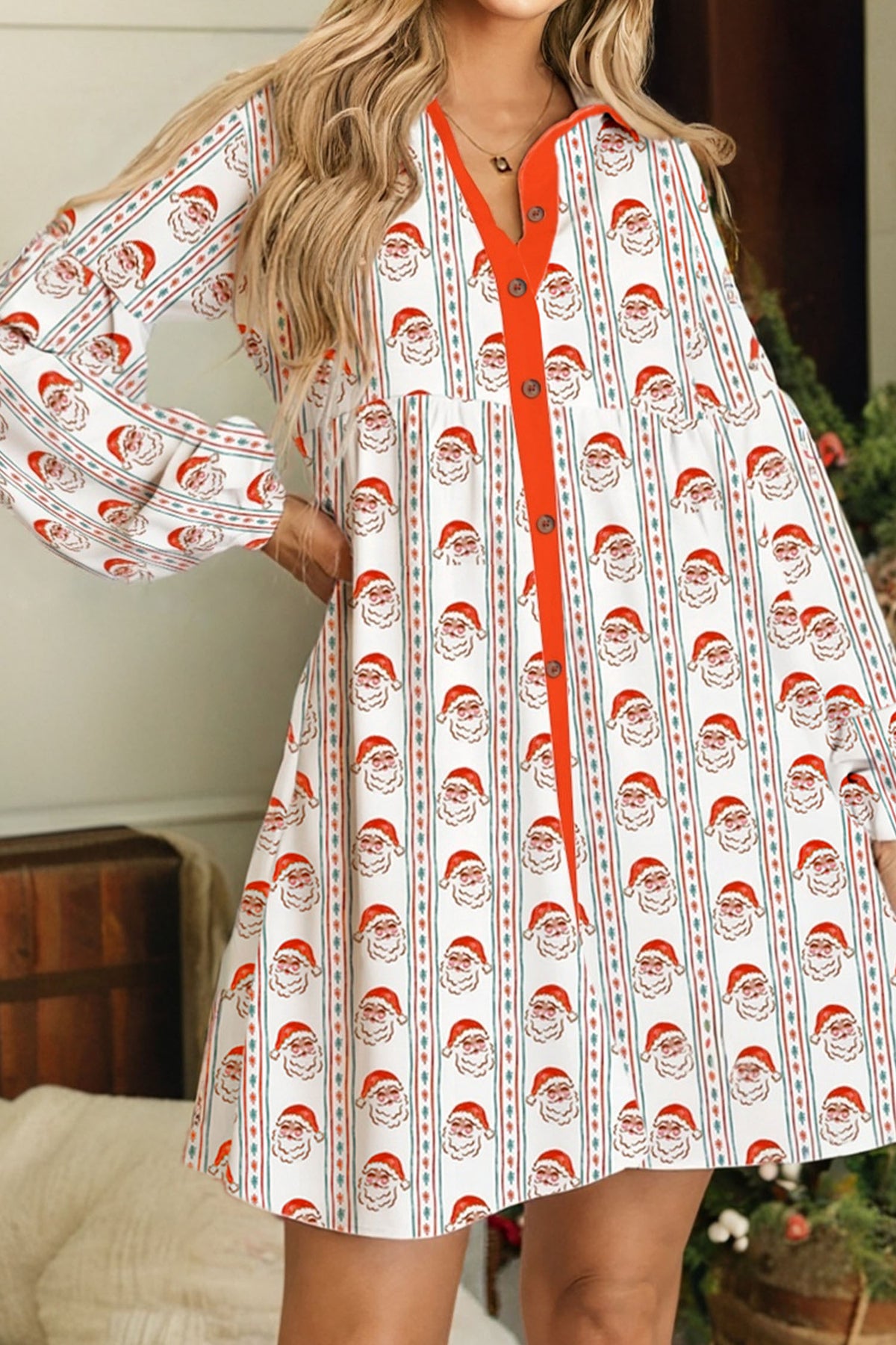 White Father Christmas Contrast Collar Button Front Long Sleeve A-line Mini Dress Main image
