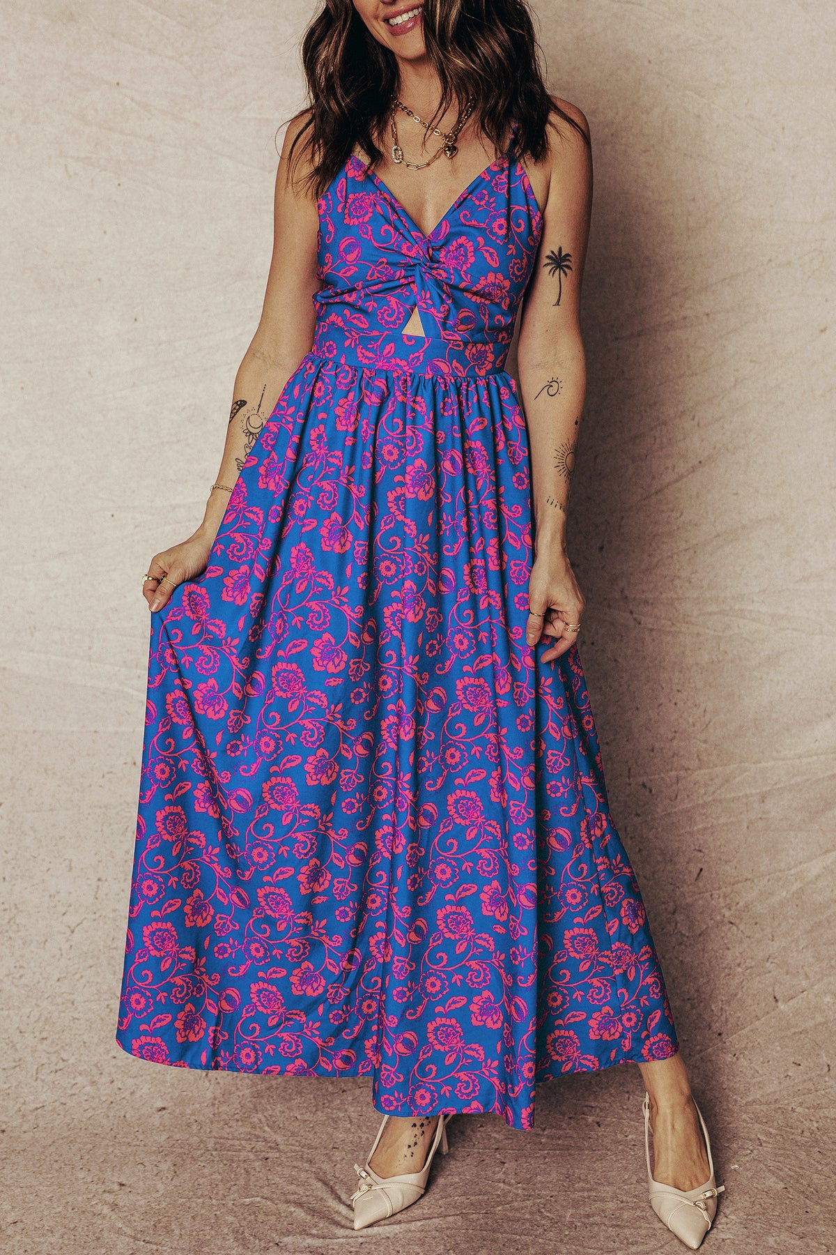 Blue Floral Print Twisted V Neck Tied Backless Maxi Dress Main image