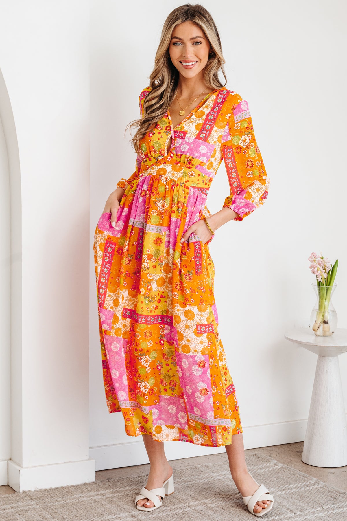 Orange Floral Patchwork Print Cut out Tied Back Bracelet Sleeve Maxi Dress Main image