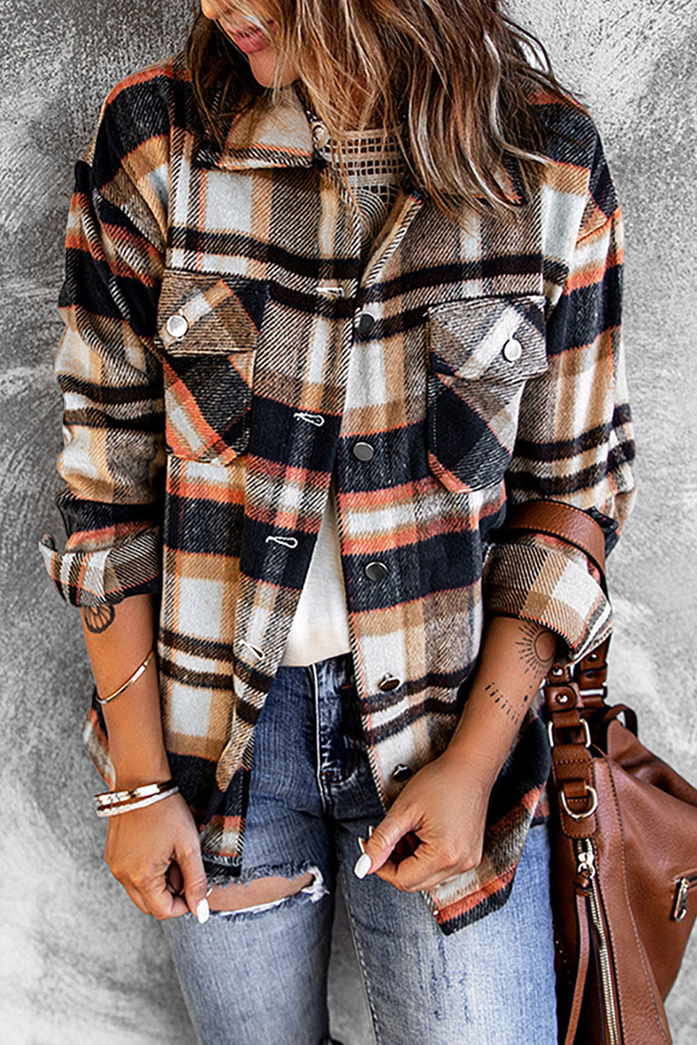 Geometric Plaid Print Pocketed Shacket Main image