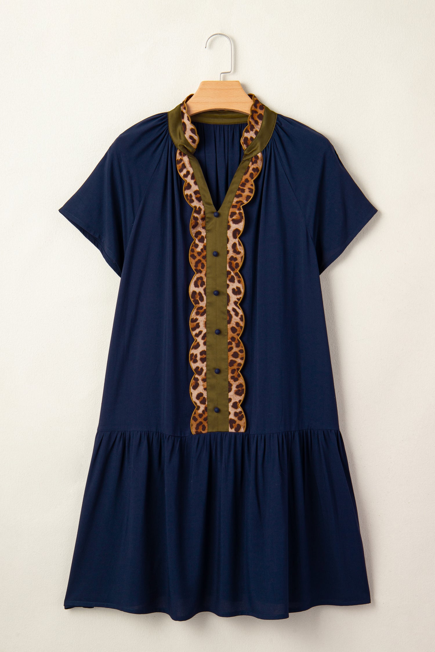 Navy Blue Button Detail Leopard Metallic Trim Short Sleeve Tunic Dress Secondary image