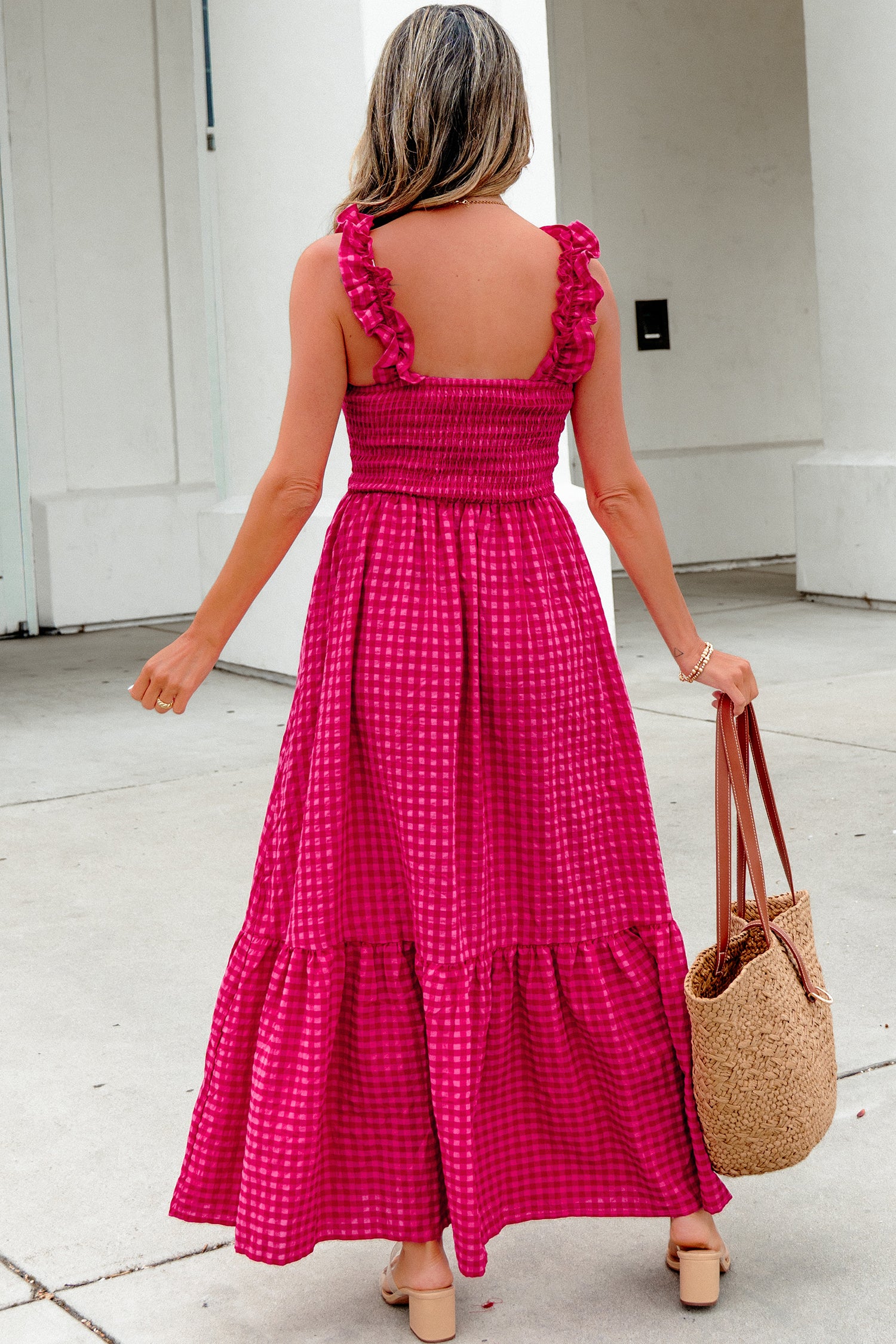 Red Plaid Square Neck Fit-and-flared Vacation Sundress Secondary image