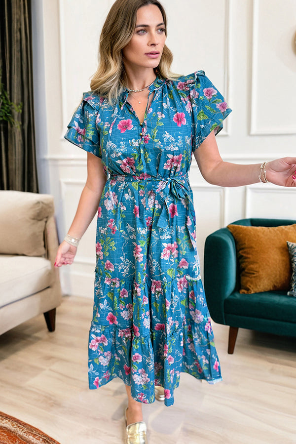 Blue 100% Cotton Floral Flutter Sleeve Button Tie Split Neck Belted Long Dress