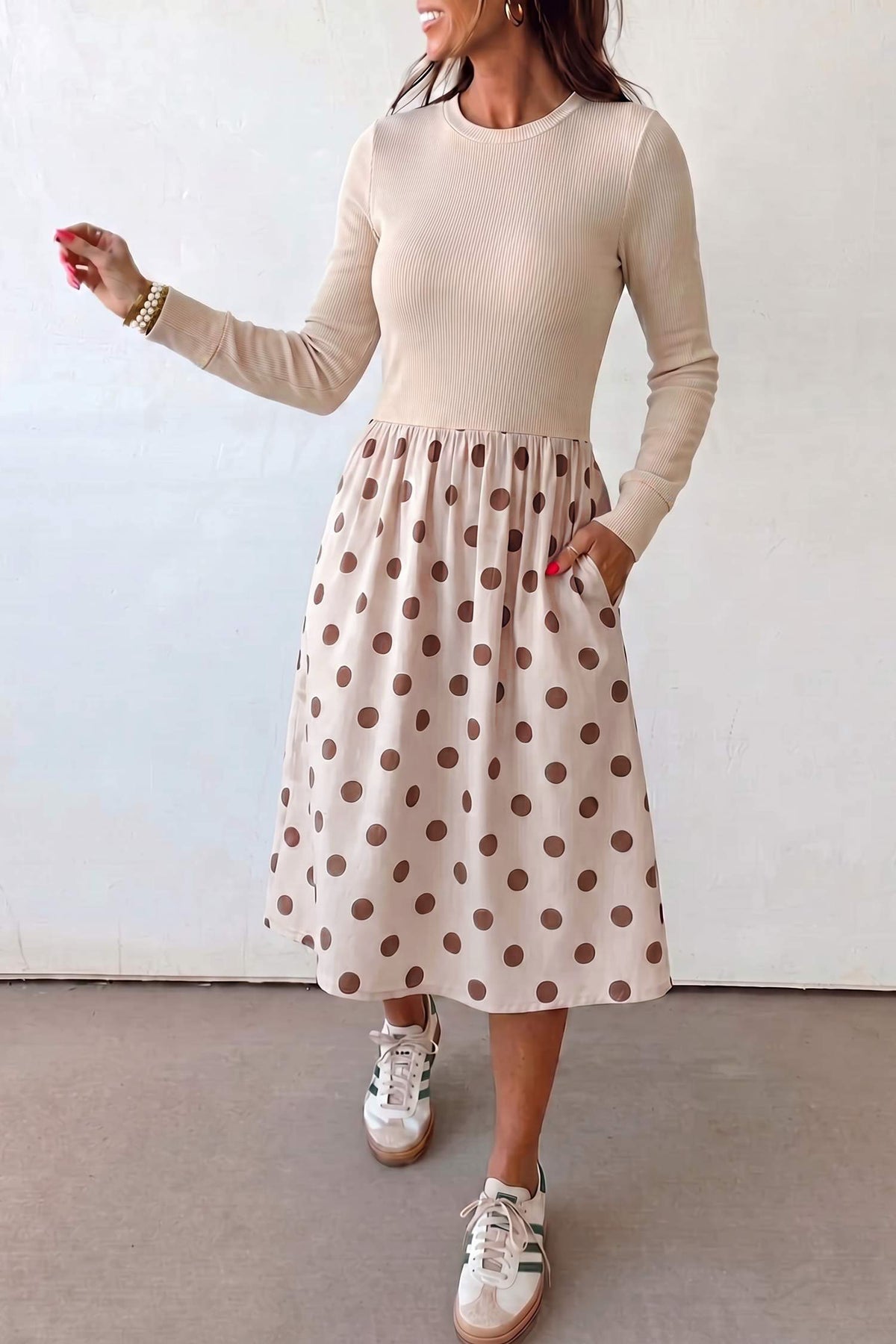 Beige Polka Dot Midi Long Sleeve Dress Main image