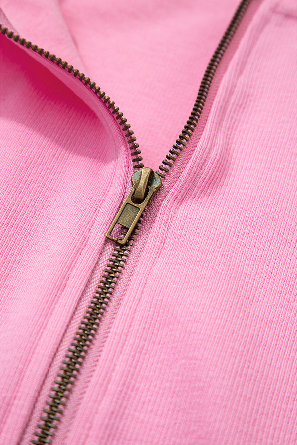 Sachet Pink Solid Color Ribbed Zip Up Drawstring Hooded Jacket
