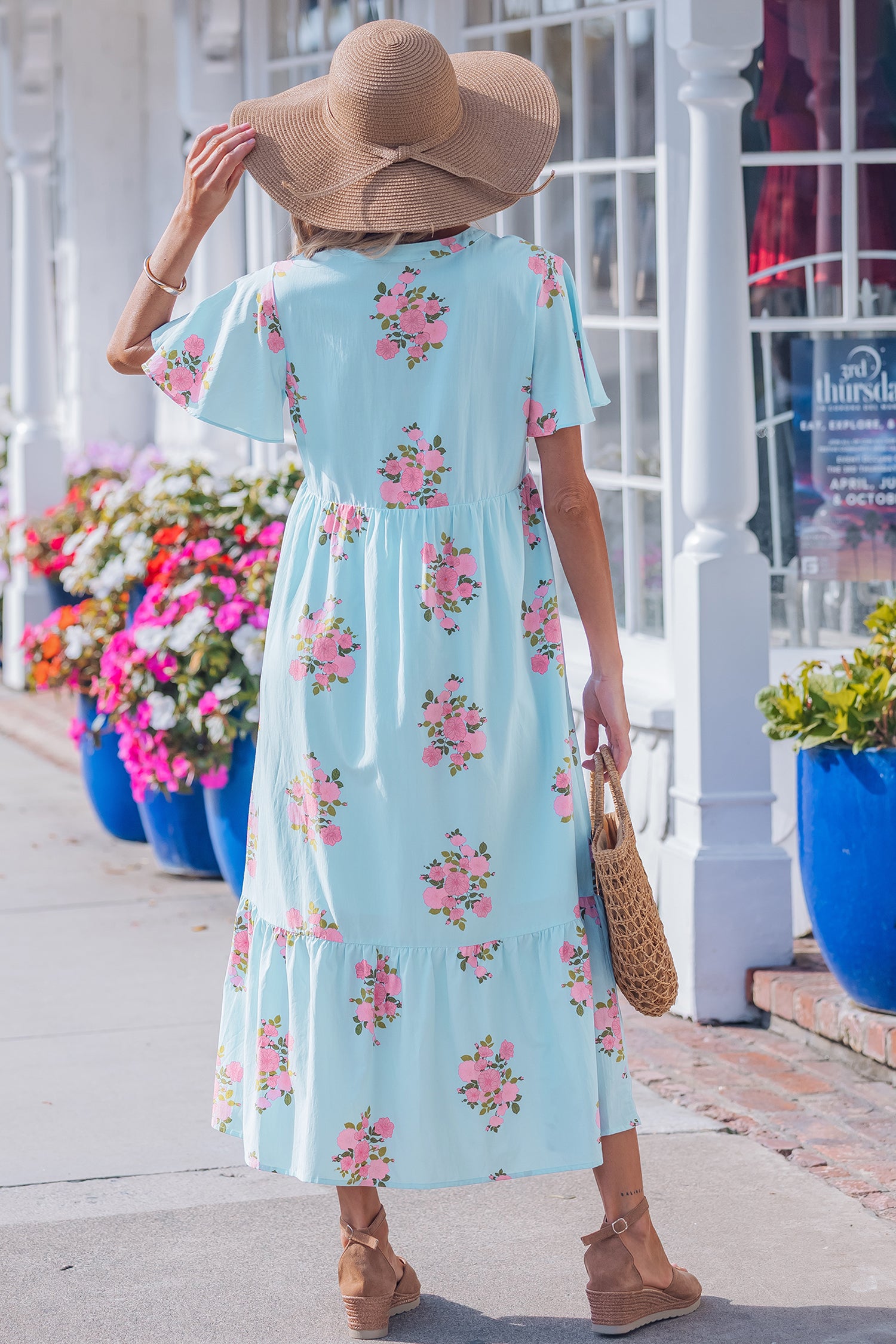 Sky Blue Notched Neck Flutter Short Sleeve Floral Print Maxi Dress Secondary image