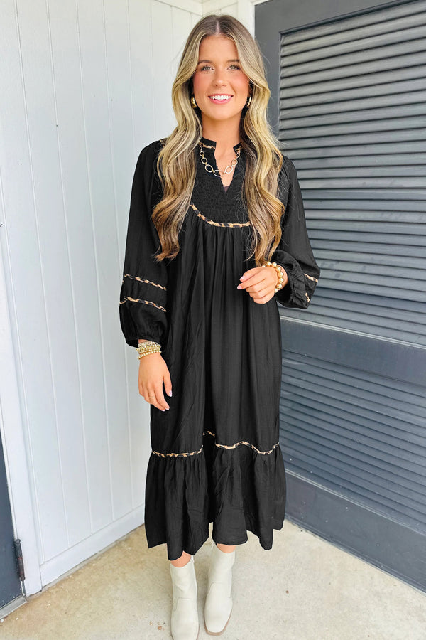 Black Contrast Leopard Trim Split Neck Long Sleeve Casual Midi Dress