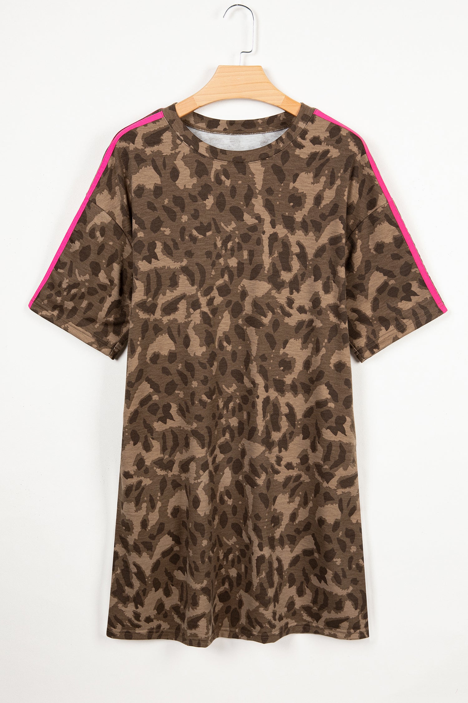 Brown Loose Contrast Striped Accent Leopard T Shirt Mini Dress with Pockets Secondary image