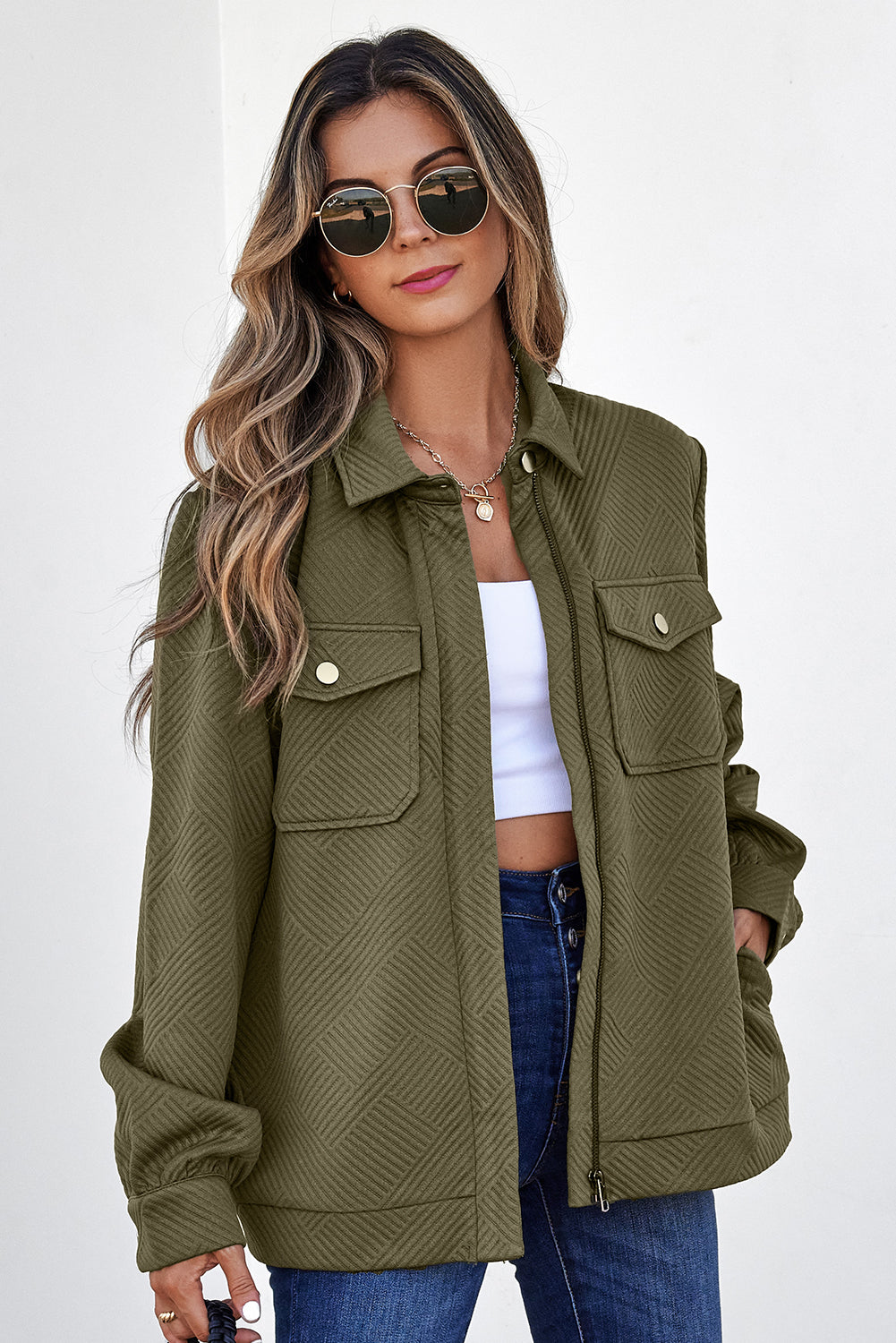 Blackish Green Solid Color Zip Up Button Flap Pocket Shirt Collar Jackets Main image