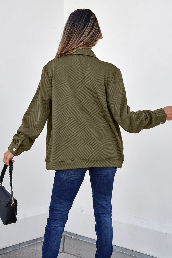 Blackish Green Solid Color Zip Up Button Flap Pocket Shirt Collar Jackets