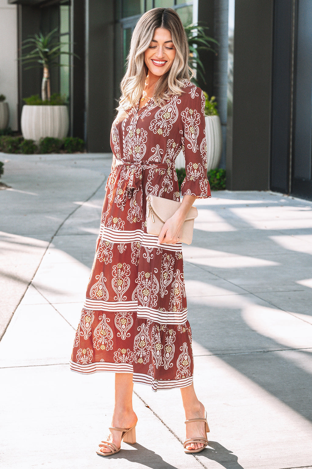 Brown Floral Print Belted Striped Trim Tiered Maxi Dress