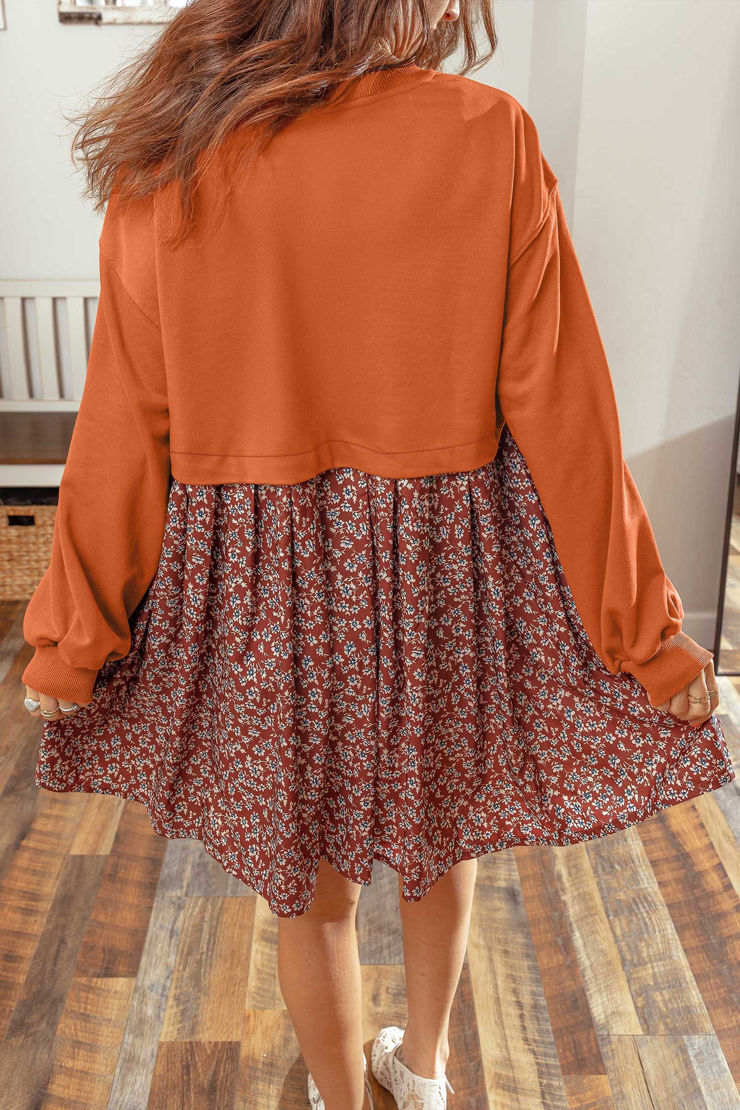 Orange Solid Long Sleeve Patchwork Floral Flared 2-in-1 Mini Dress Secondary image