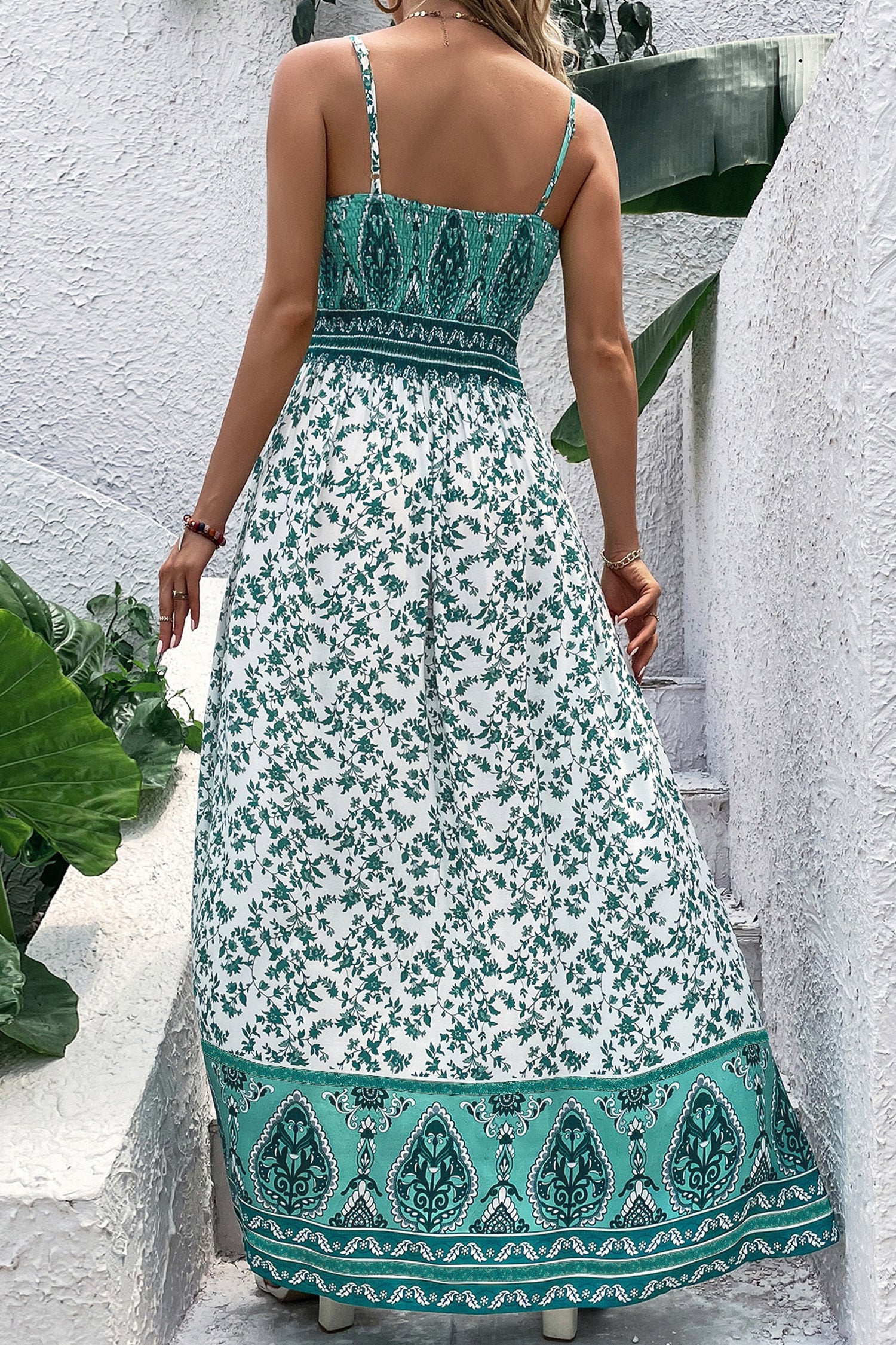 Green Boho Floral Print Shirred Cami Maxi Dress Secondary image