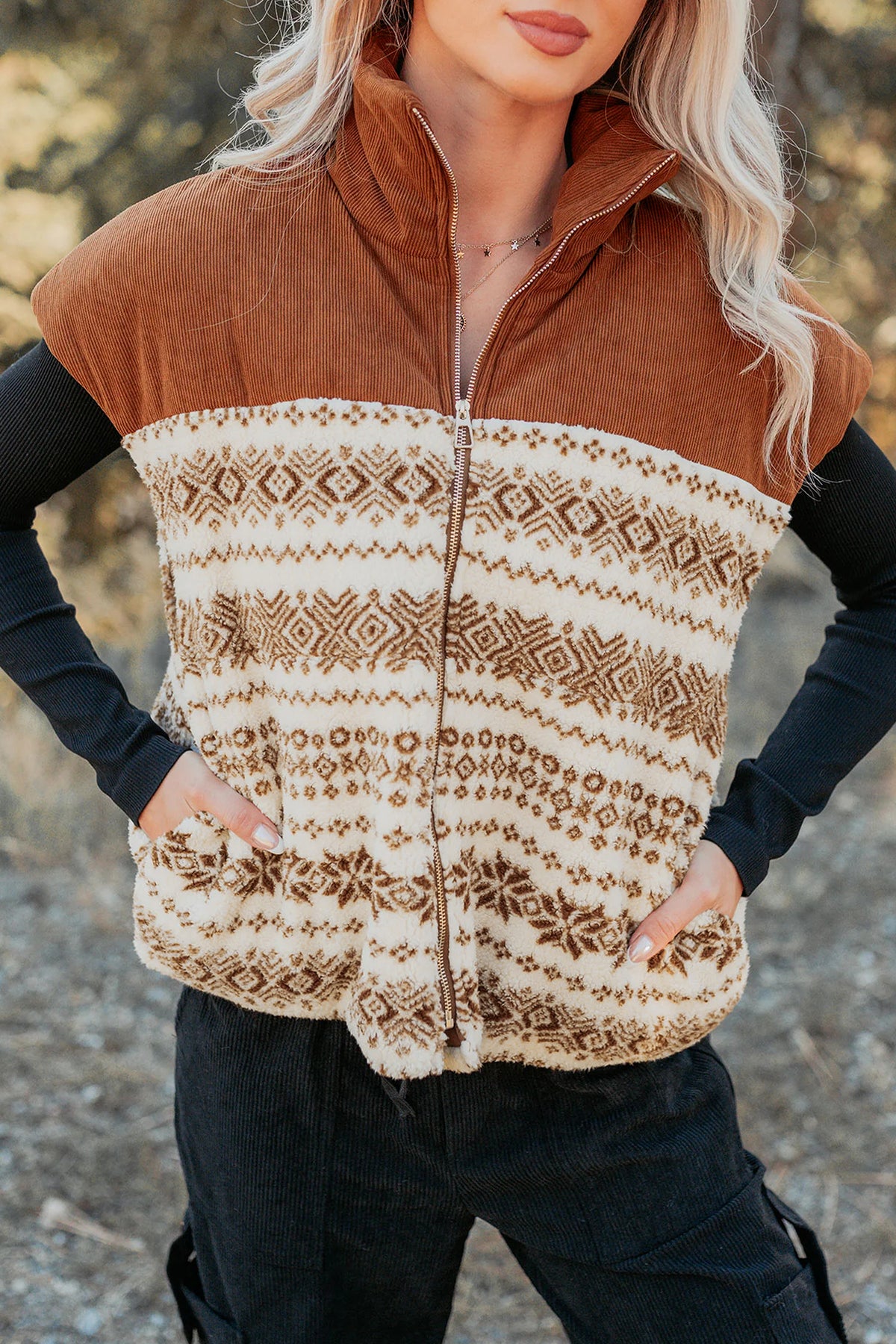 Brown Geometric Print Fleece Metal Zipper Collar Patchwork Design Vest Main image