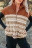 Brown Geometric Print Fleece Metal Zipper Collar Patchwork Design Vest