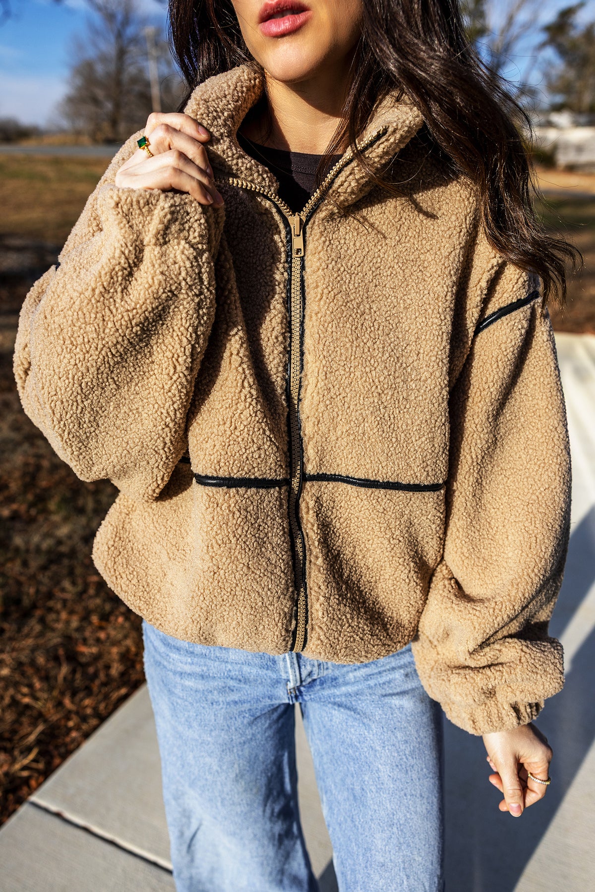 Parchment Drop Shoulder Collar Long Sleeve Fleece Regular Fit Jacket Main image