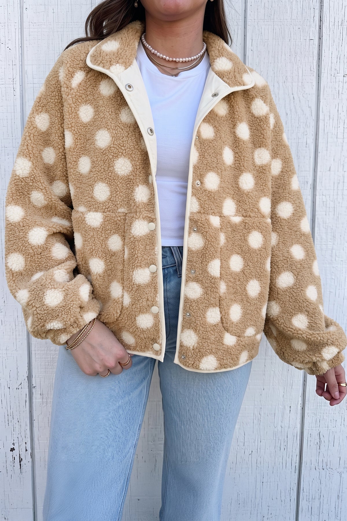Khaki Polka Dot Faux Fur Metal Button Placket Shift Silhouette Jacket Main image