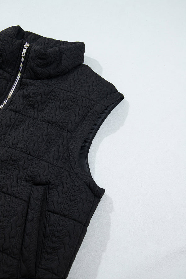 Black Textured Quilted Stand Neck Zipper Winter Vest