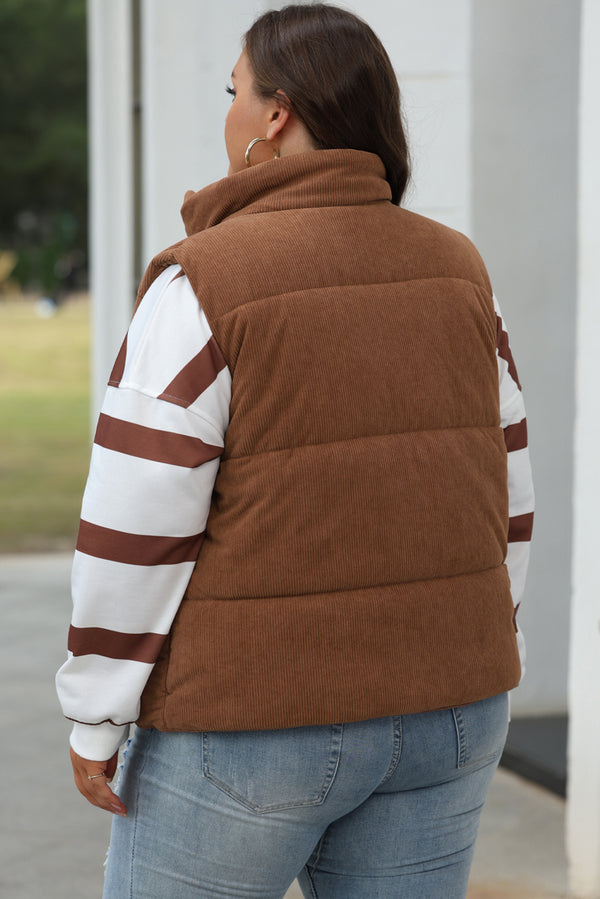 Beige Corduroy Stand Neck Zipped Puffer Vest