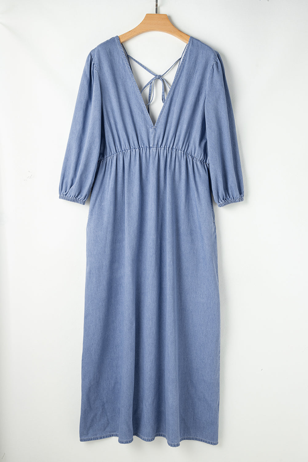 Myosotis 100% Cotton Chambray Deep V Neck Bracelet Sleeve Maxi Dress