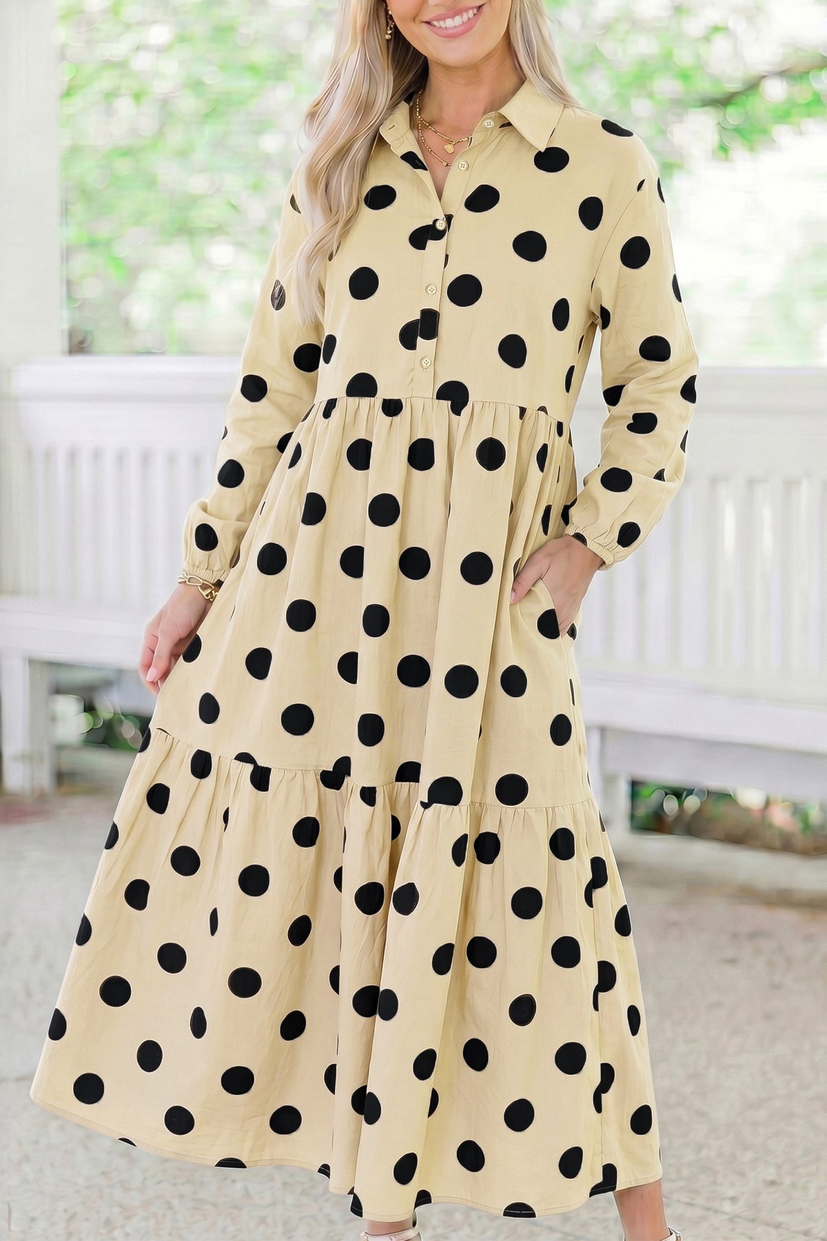 Apricot Polka Dot Button Front Long Sleeve Shift Dress Main image