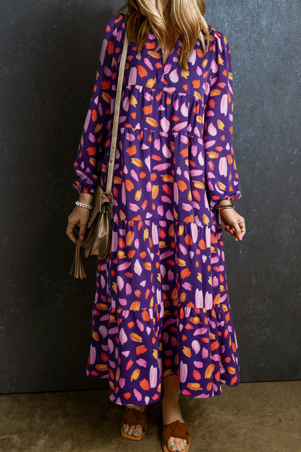 Blue Petal Collared Tiered Flowy Long Dress Main image