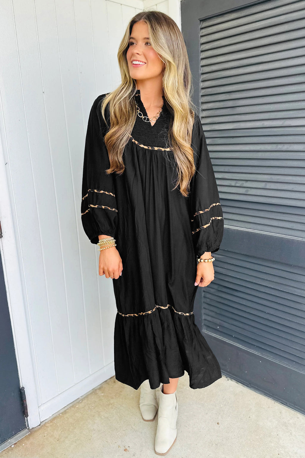 Black Contrast Leopard Trim Split Neck Long Sleeve Casual Midi Dress