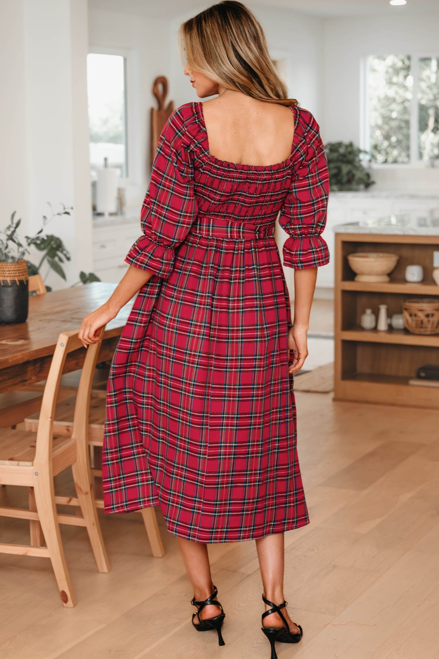 Red Tartan Plaid Square Neck Puff Sleeve Knot Waist Flared Midi Dress Secondary image