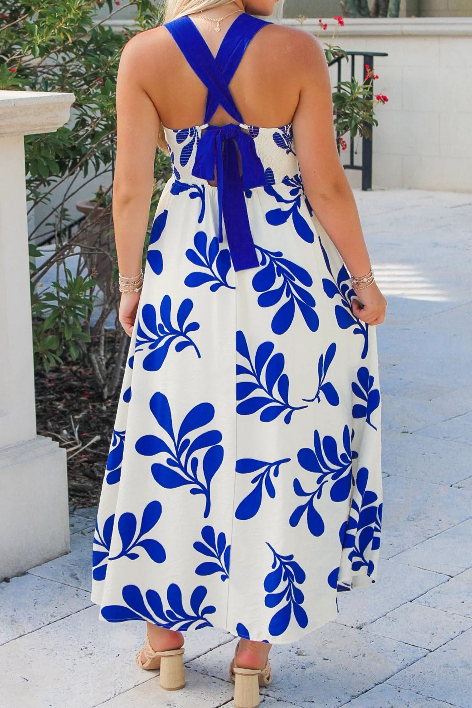 Blue Floral Print Crisscross Tie Back Sleeveless Long Dress Secondary image
