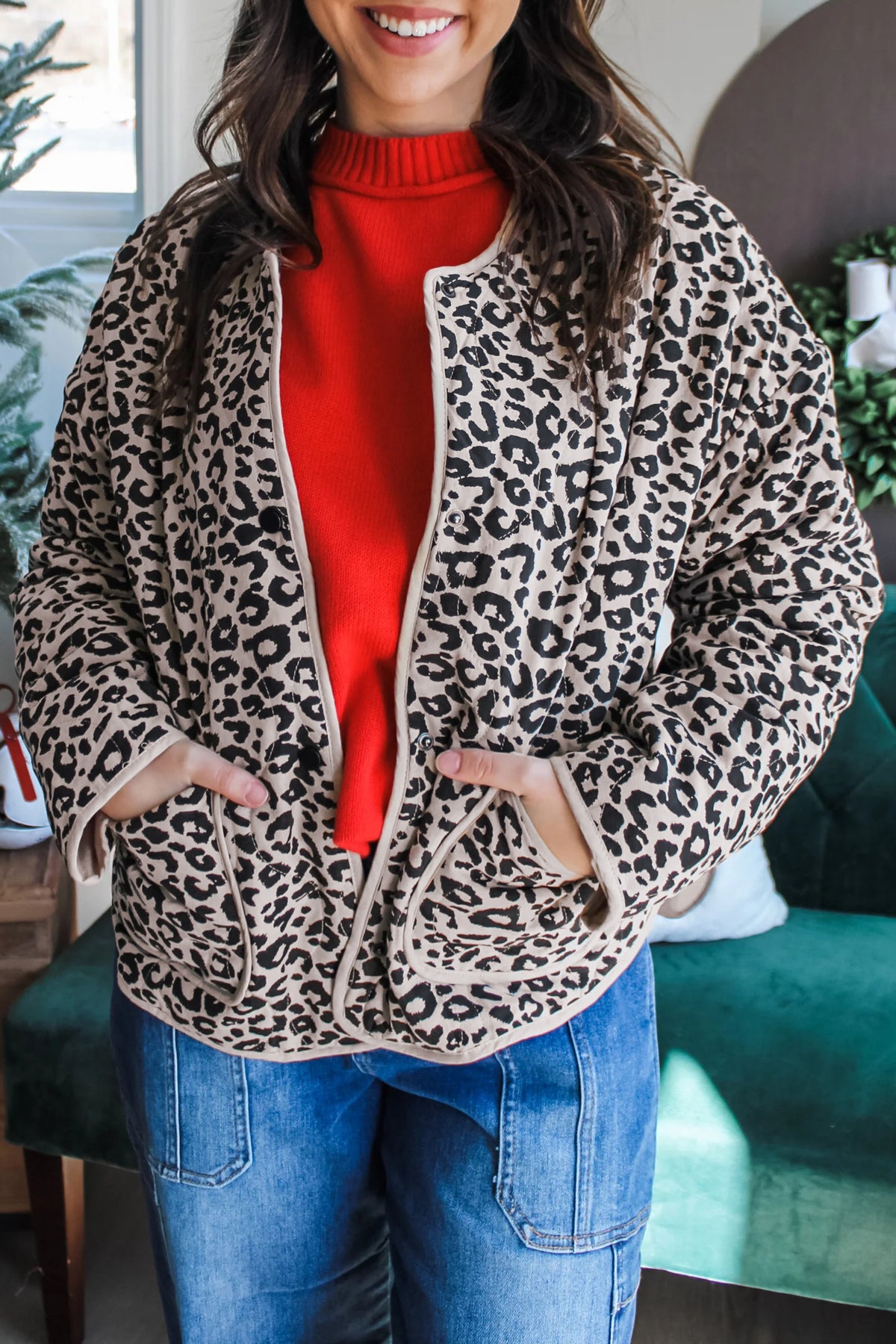 Khaki Leopard Print Patch Pockets Binding Tape Long Sleeve Regular Fit Jacket Main image