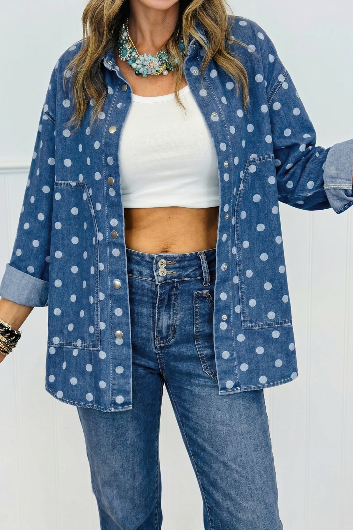 Blue Polka Dot Long Sleeve Collar Shift Tunic Denim Jacket Main image