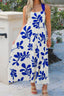 Blue Floral Print Crisscross Tie Back Sleeveless Long Dress