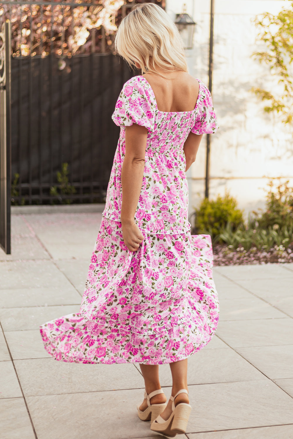 Pink Dainty Floral Smocked Puff Sleeve Flowy Long Dress Secondary image