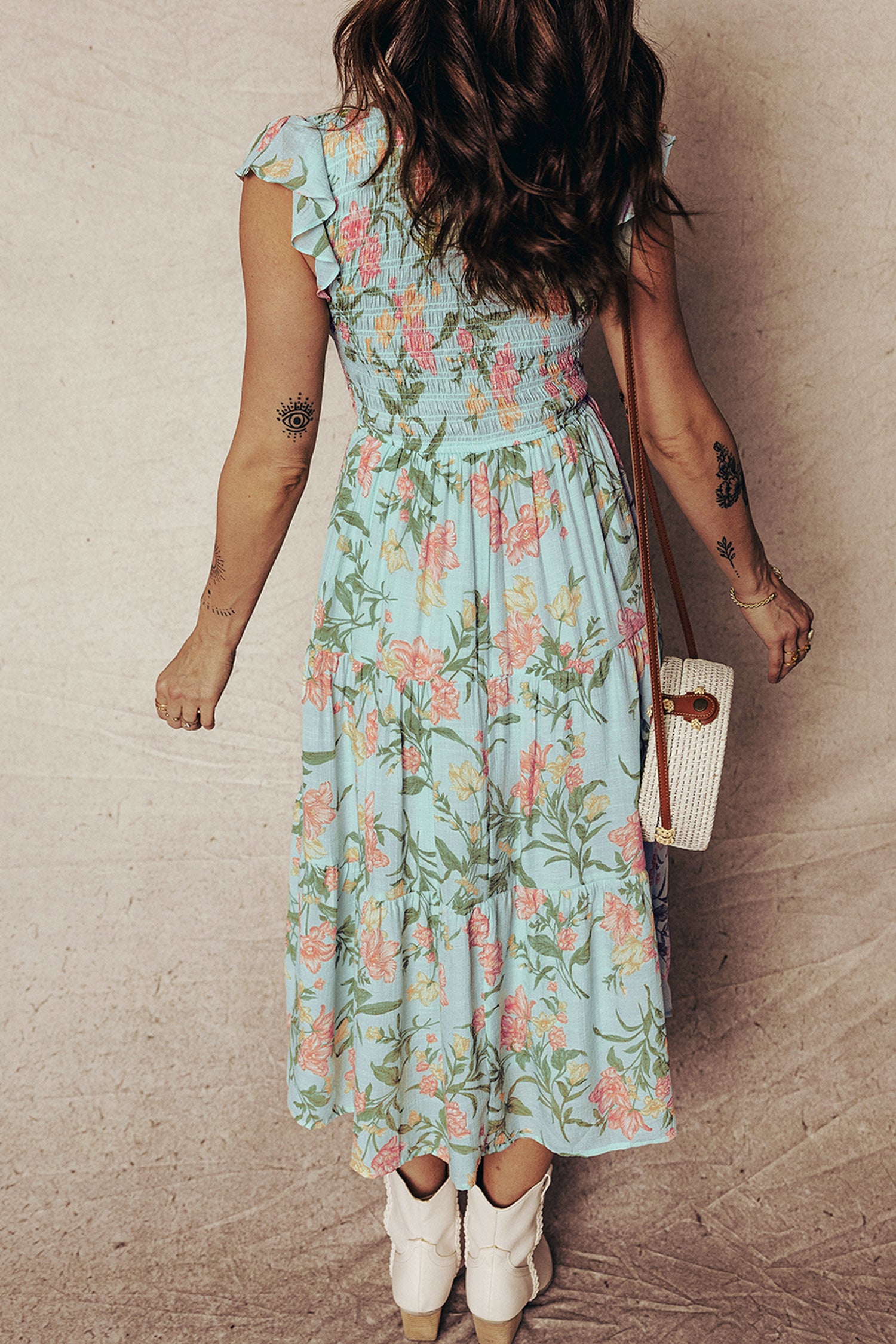 Yellow Smocked Bodice Ruffled Sleeveless Tiered Floral Maxi Dress Secondary image