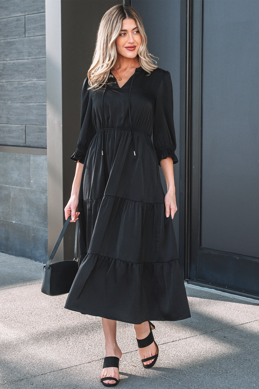 Black Flounced Bracelet Sleeve V Neck Tiered Maxi Dress